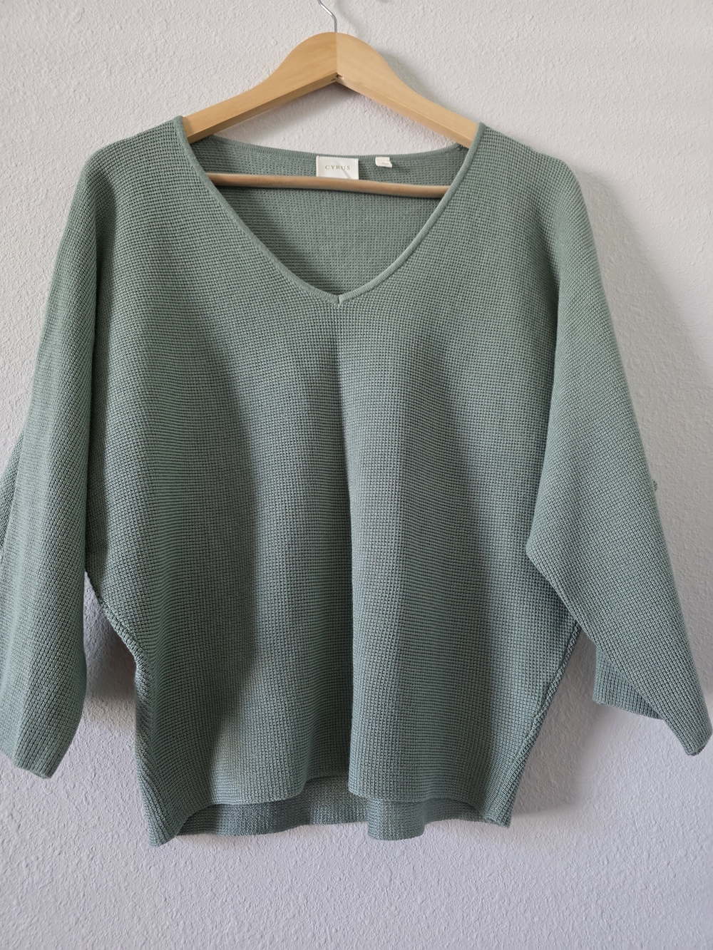 Cyrus Sage Green V-Neck Waffle Knit Sweater